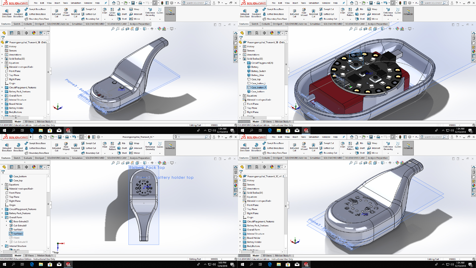 Screenshots from the 3D modeling process in SolidWorks showing multiple versions of the design